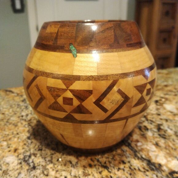 Wooden Turquoise Segmented Hand Crafted & Turned Round Bowl Artist Signed 3.5" - Picture 1 of 9